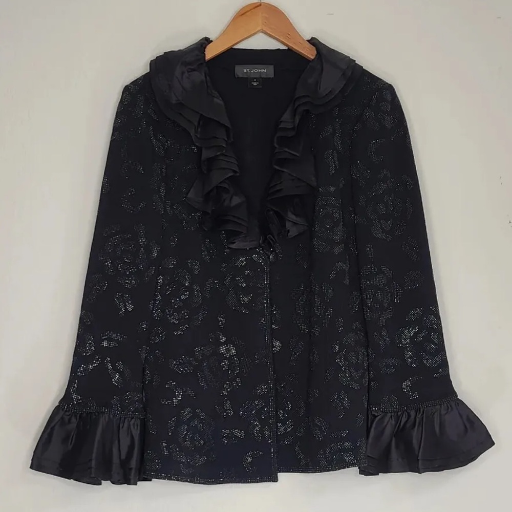 St. John Santana Knit Metallic Floral Print Sweater Jacket Black Ruffle …